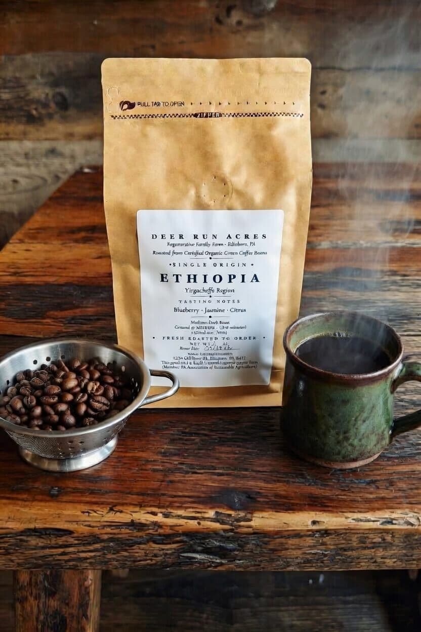 Ethiopia from Deer Run Acres — A vibrant, fruit-forward light-medium roast with tropical fruit, plum, hibiscus,