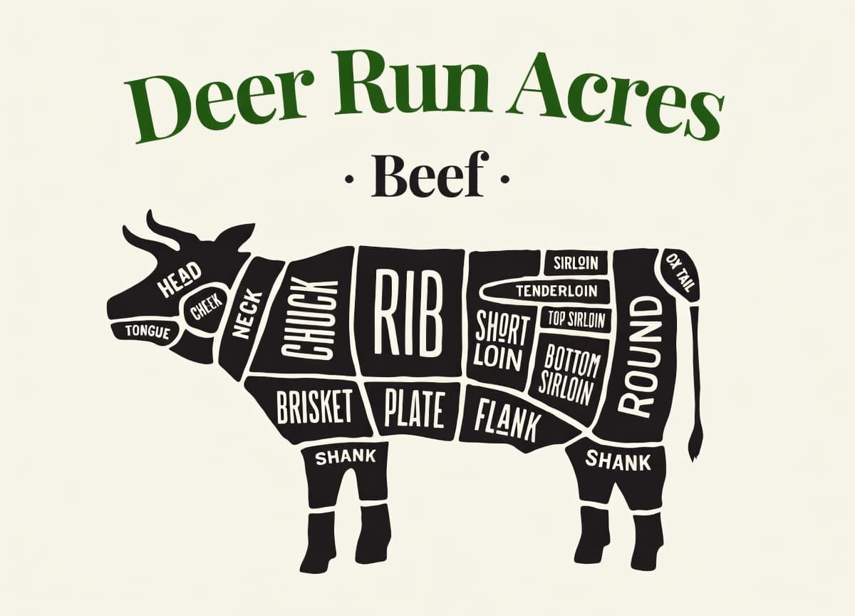 Deer Run Acres butcher chart showing the different beef cuts on the animal