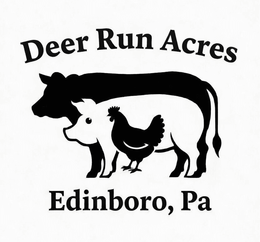 Deer Run Acres logo — cow, pig, and chicken silhouettes