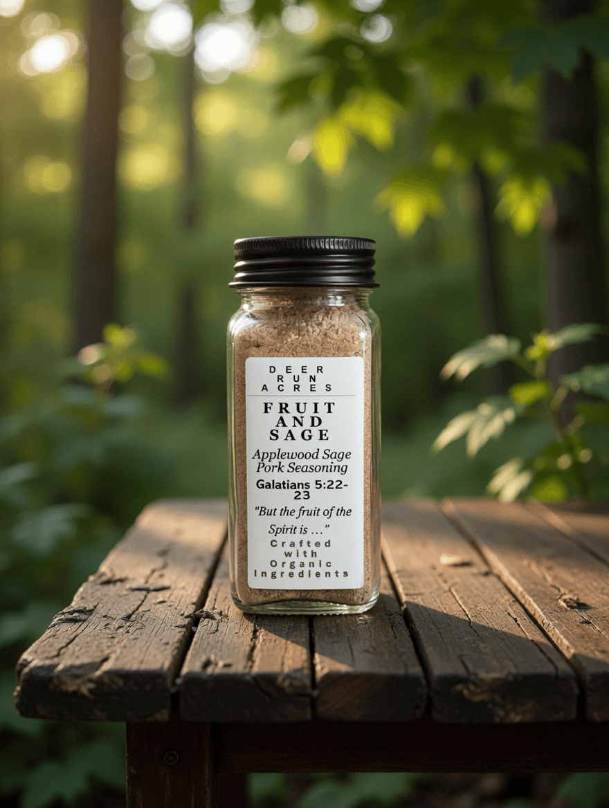 Fruit and Sage — Applewood Sage Pork Seasoning from Deer Run Acres — An applewood-style sage and fennel pork seasoning crafted with organic ingredients for breakfast sau