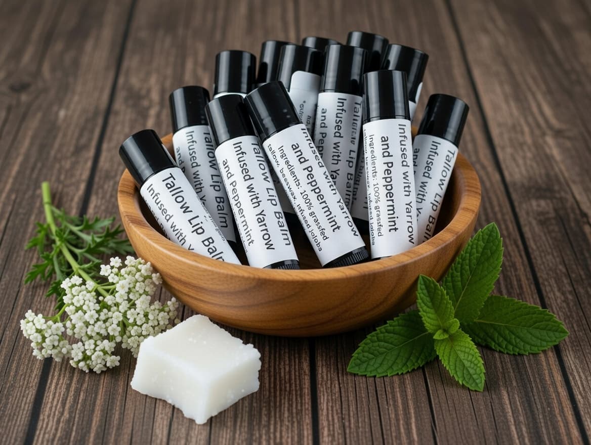 Yarrow & Peppermint Infused Tallow Lip Balm from Deer Run Acres — Ultra-nourishing herb-infused tallow lip balm in a convenient 5g tube.