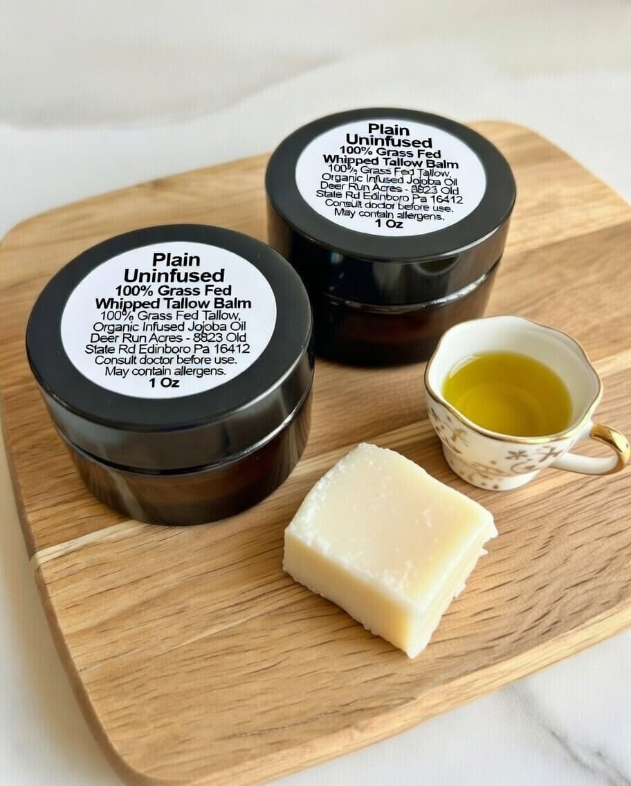 Whipped tallow balm jars handcrafted with 100% grass-fed beef tallow at Deer Run Acres