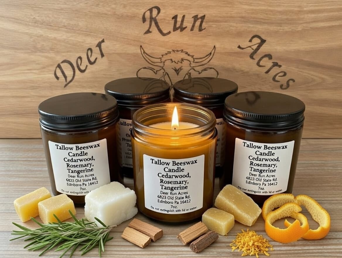 Tallow Beeswax Candles from Deer Run Acres — Hand-poured 7oz candles made with 100% grass-fed beef tallow and beeswax. Choose