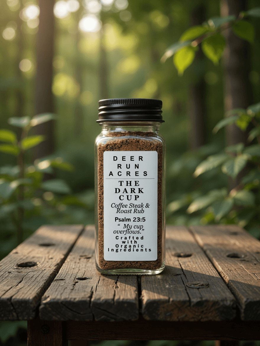 The Dark Cup — Coffee Steak & Roast Rub from Deer Run Acres — A bold, coffee-forward rub crafted with organic ingredients for steak, roasts, and brisket. Ground c