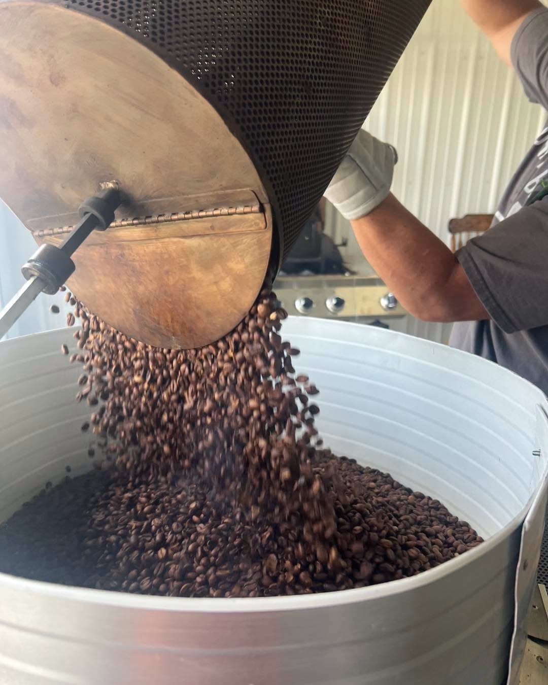 Freshly roasted coffee beans pouring from the roaster drum into a cooling tray.