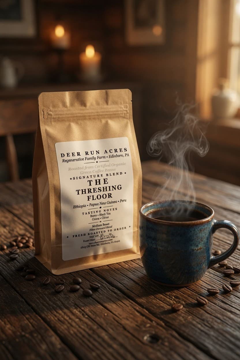 The Threshing Floor from Deer Run Acres — A blend built for pour-over and drip, brewed black — bright, clean, and complex.